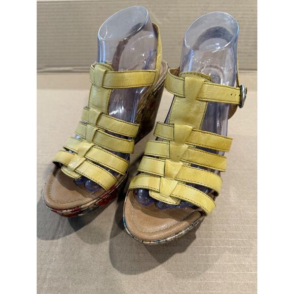 Born BOC Leather Slingback Cork Wedge Sandals Womens Size 9M Floral Muted Yellow - Picture 1 of 10